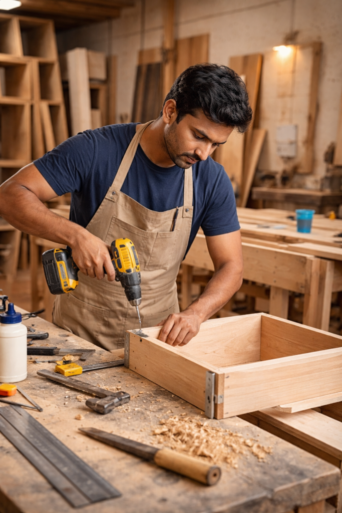 carpenter making custom plywood furniture at Oshiclick workshop Mumbai