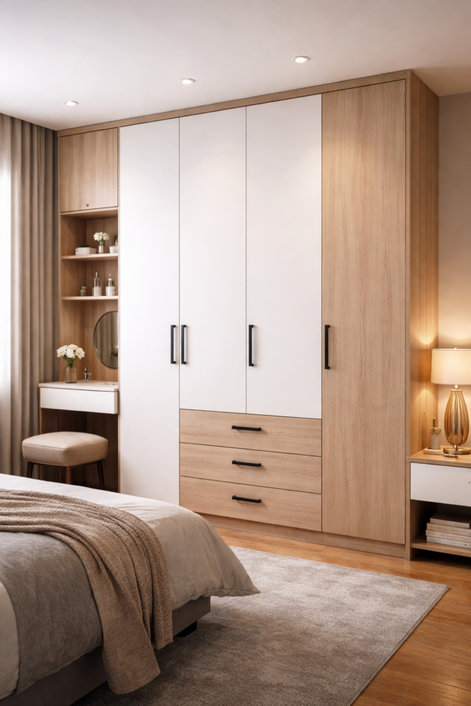 Finished custom plywood furniture bedroom set by Oshiclick Furniture Mumbai