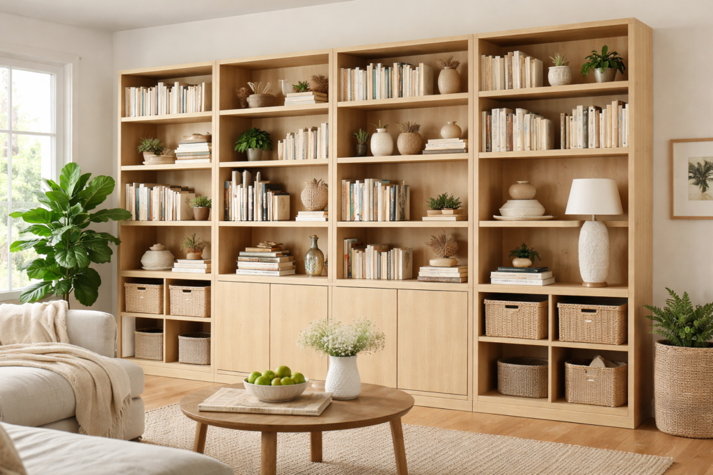 Large plywood bookshelves with books, decor, and storage baskets in a modern living room