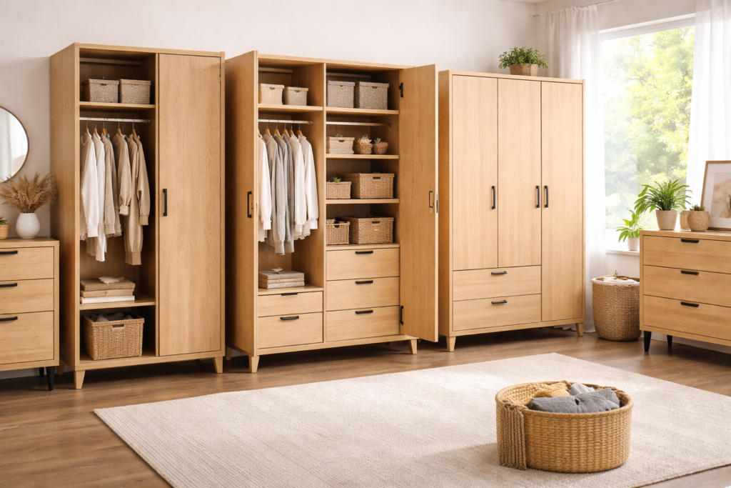 Modern plywood wardrobes with hanging clothes, shelves, and drawers in a bright minimalist bedroom