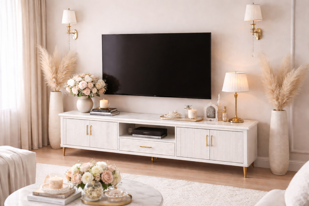 Modern luxury TV unit with white and gold finish, wall-mounted television, and elegant living room décor