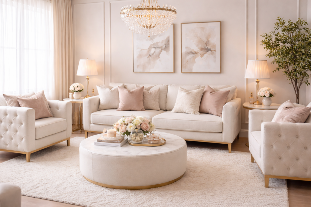 Cream sofa set placed in a modern living room with soft lighting and elegant décor