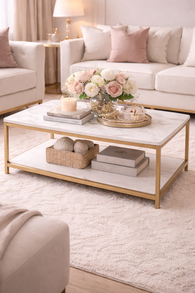 Rectangular marble coffee table with gold frame placed in a modern living room