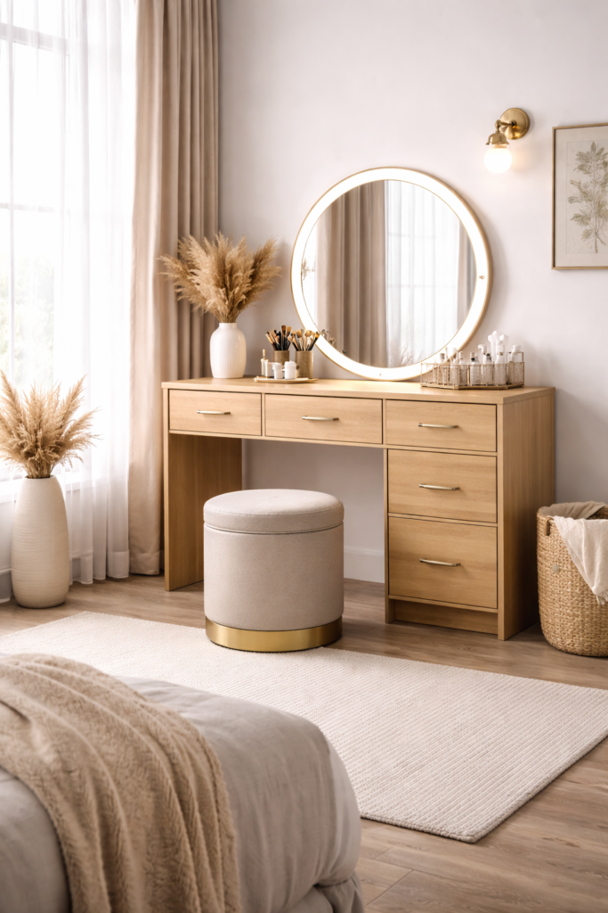 Modern wooden dressing table with round mirror, drawers, and upholstered stool in a stylish bedroom