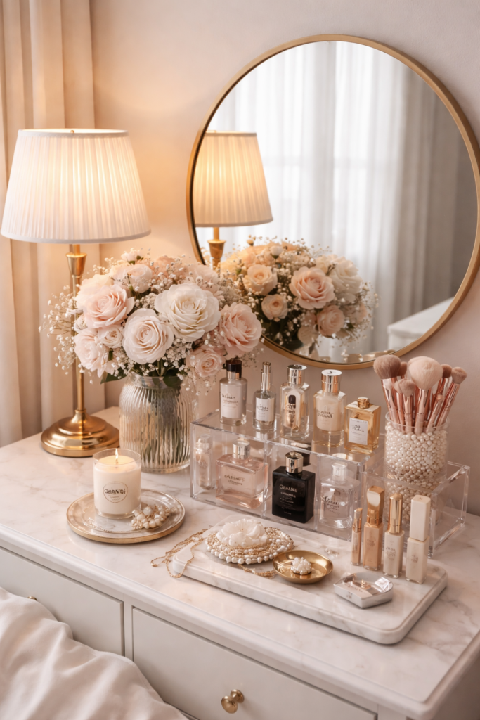 Modern bedside table vanity setup with mirror, lamp, flowers, and organized cosmetics on a marble top