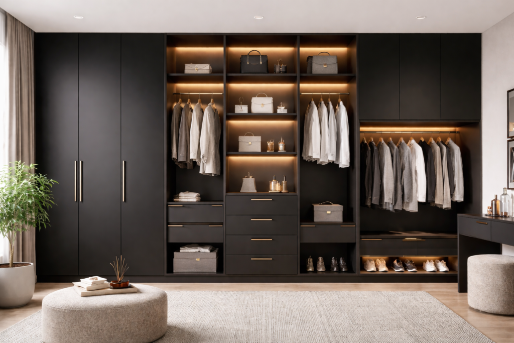 Modern black sunmica storage wardrobe with open shelves, drawers and hanging space