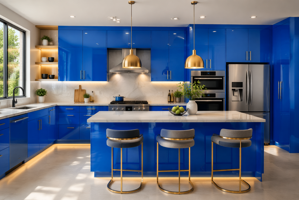 Modern kitchen with electric blue sun mica cabinets, white marble countertop, and stylish island seating