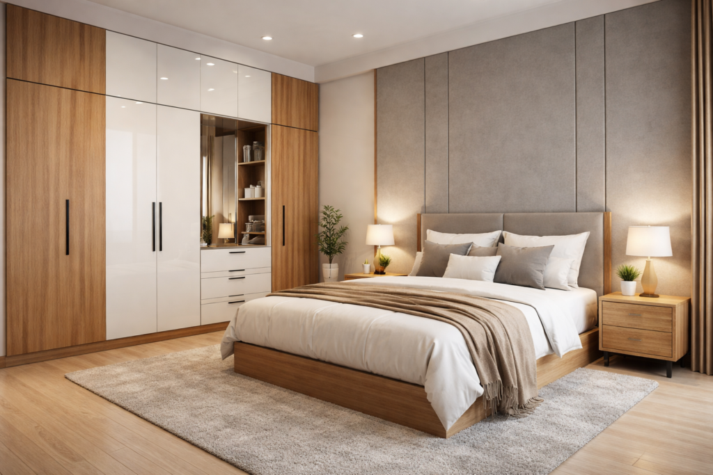 Modern bedroom furniture setup with bed wardrobe and side tables