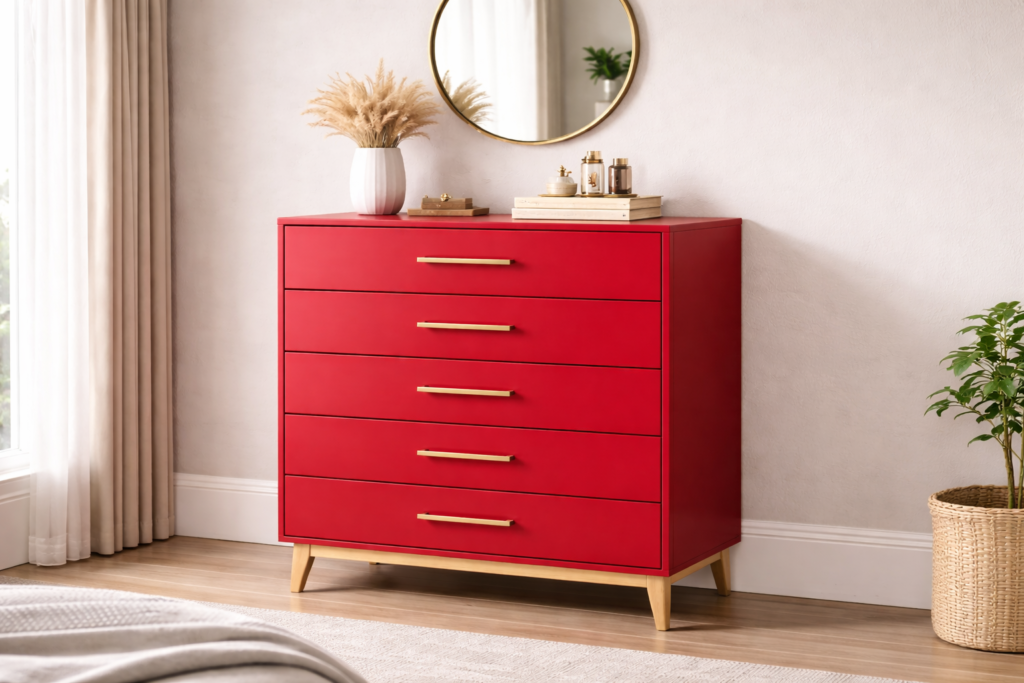 Modern chest of drawers in Vodafone red sunmica finish with five storage drawers