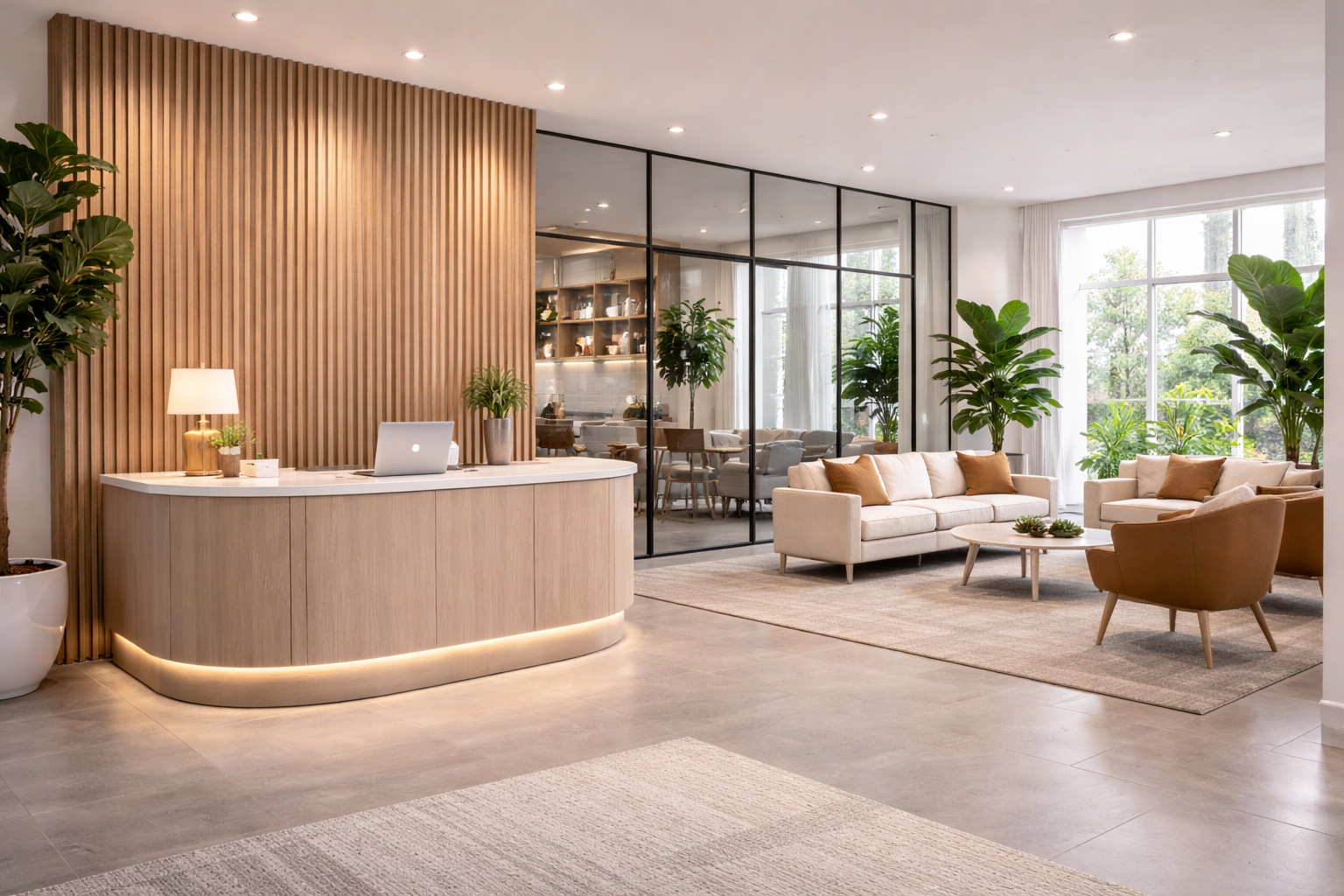 Modern commercial space interior with reception desk seating area and wooden wall design