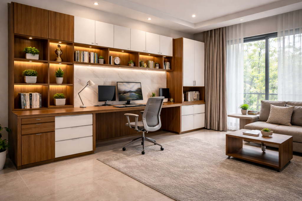 Modern office furniture with work desk storage cabinets and office chair