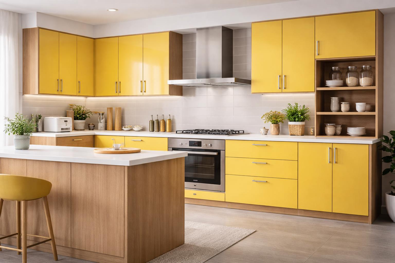 Modern kitchen storage cabinets with golden yellow sunmica finish and wooden base design