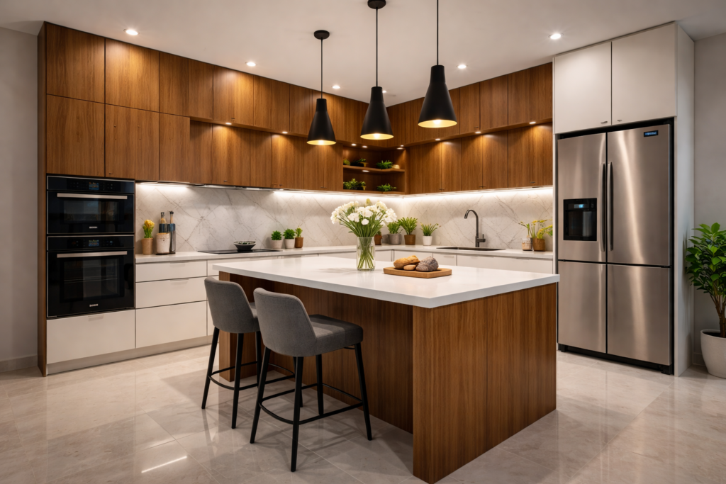 Modern modular kitchen design with storage cabinets countertop and island