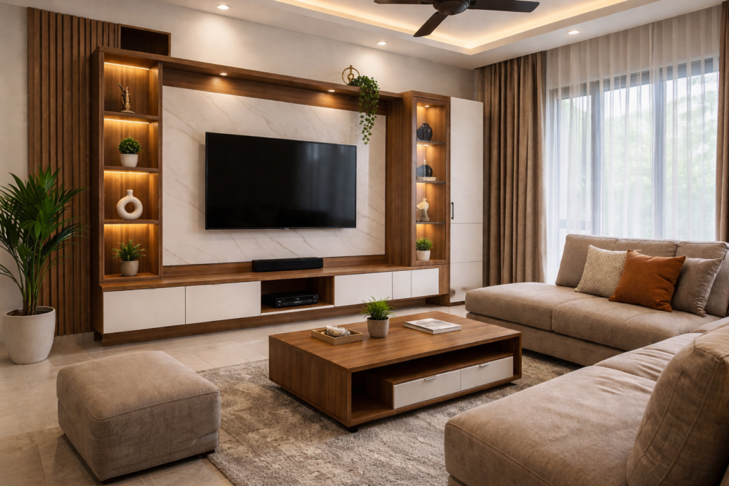 Modern living room furniture with TV unit sofa set and center table