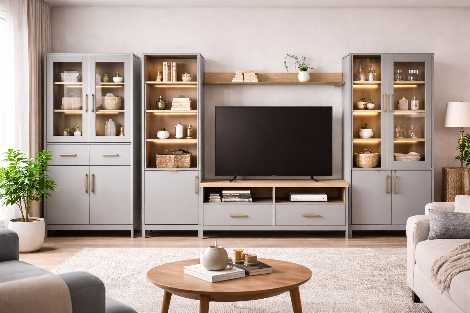 Modern living room storage unit in frost grey sunmica with TV cabinet and display shelves
