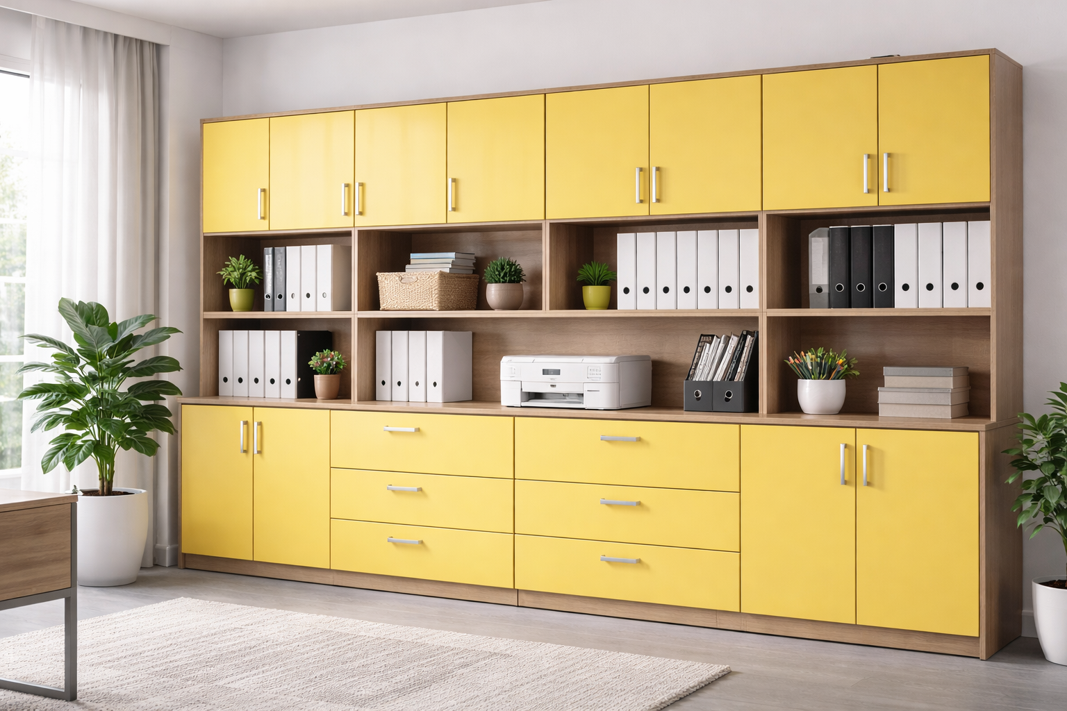 Modern office storage cabinet with lemon yellow sunmica finish and shelving