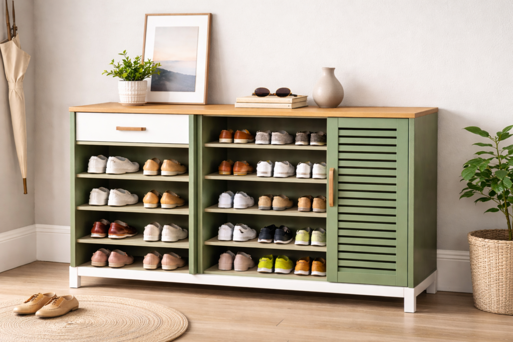 Modern green sunmica shoe rack with open shelves, drawer and cabinet storage