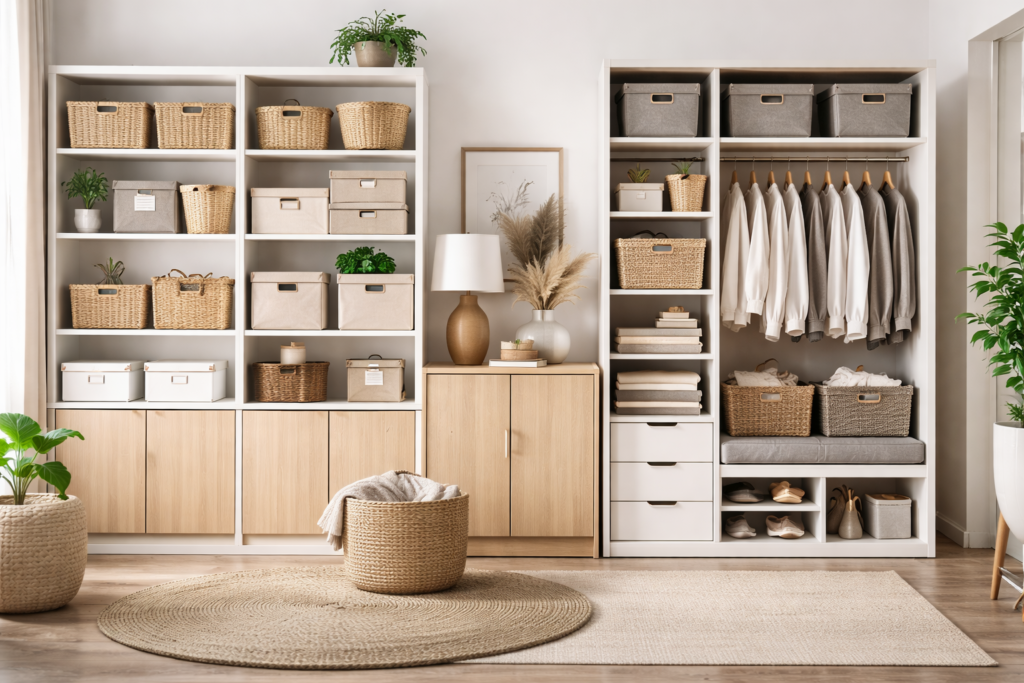 Modern home storage solution with open shelves, cabinets, baskets, and organized wardrobe