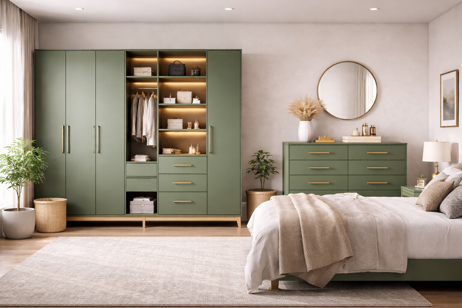 Modern bedroom storage furniture in khyber green sunmica with wardrobe and chest of drawers