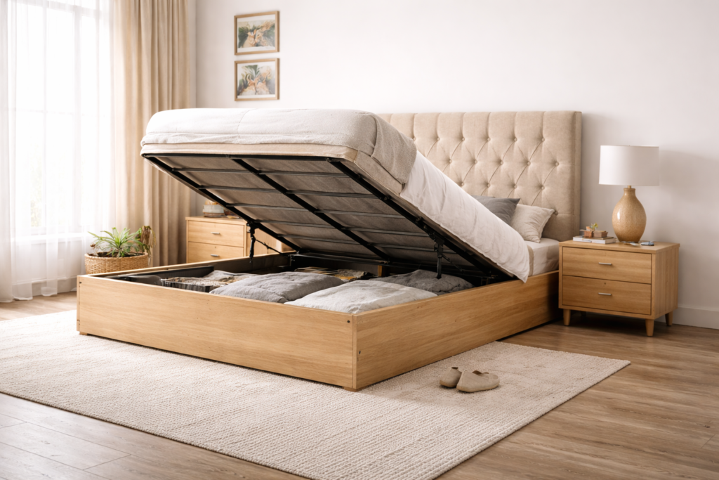 Modern hydraulic storage bed with upholstered headboard in a stylish bedroom interior