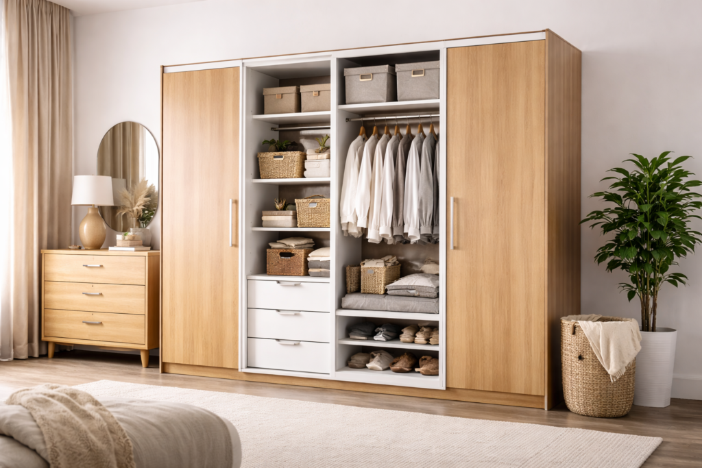 Modern wooden wardrobe with sliding doors, shelves, drawers, and organized clothing