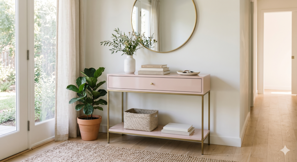 Elegant console table with soft blush pink sunmica finish, a drawer, open shelf, and brass frame, styled in a bright modern home entryway with a mirror and plants.