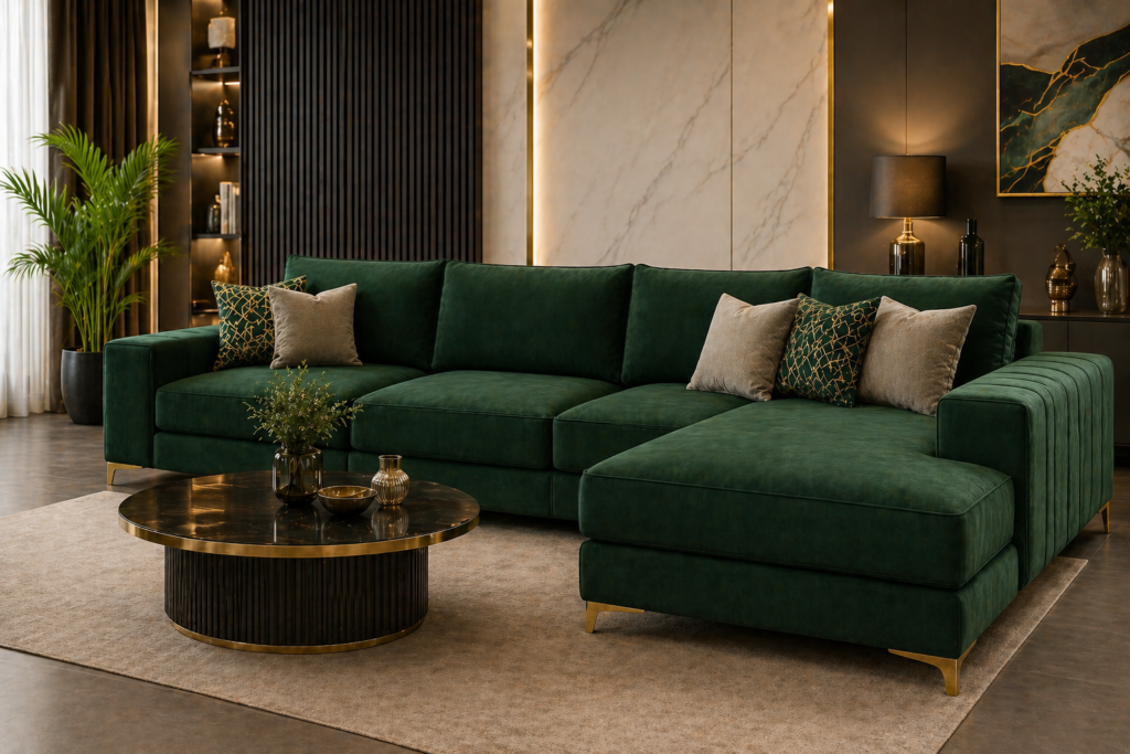 Luxury bottle green L shape sofa in modern living room with elegant contemporary interior design