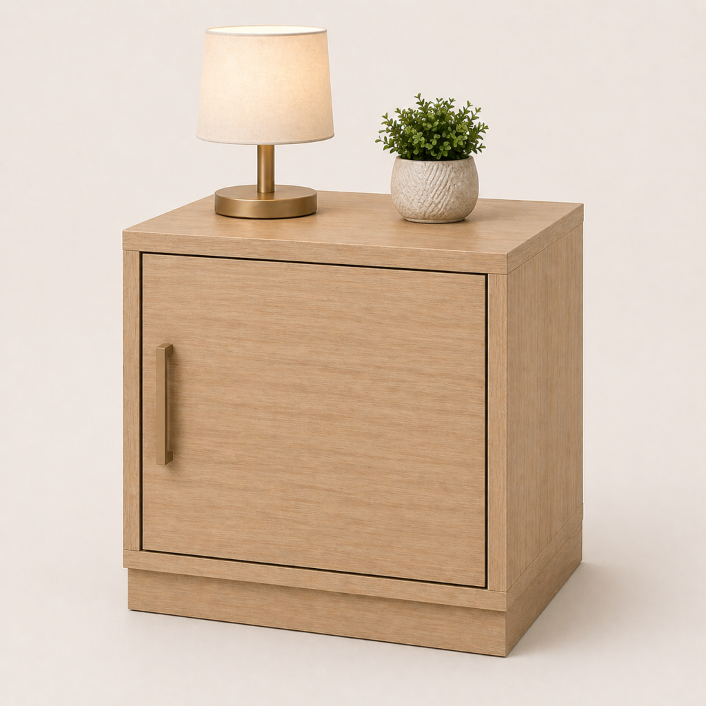 Modern cabinet bedside table in sunmica sandle wood finish with door storage design