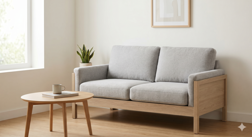 Compact 4.5-foot 2-seater sofa featuring a light oak finish and light grey fabric seating in a minimalist living room.