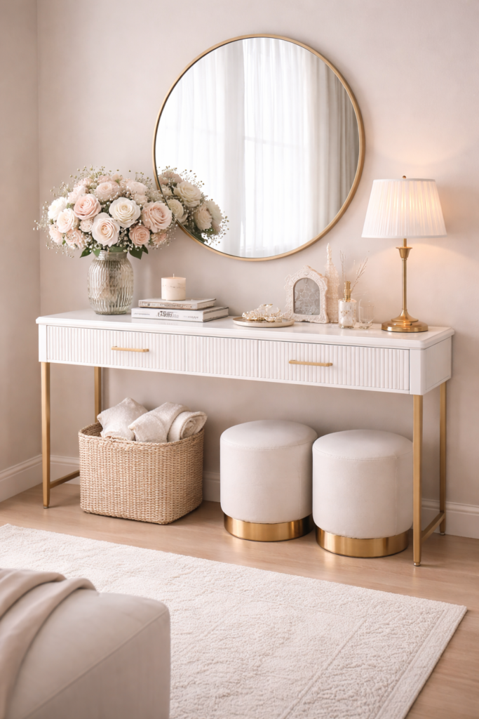 White console table with mirror, lamp, and decorative setup in a modern home