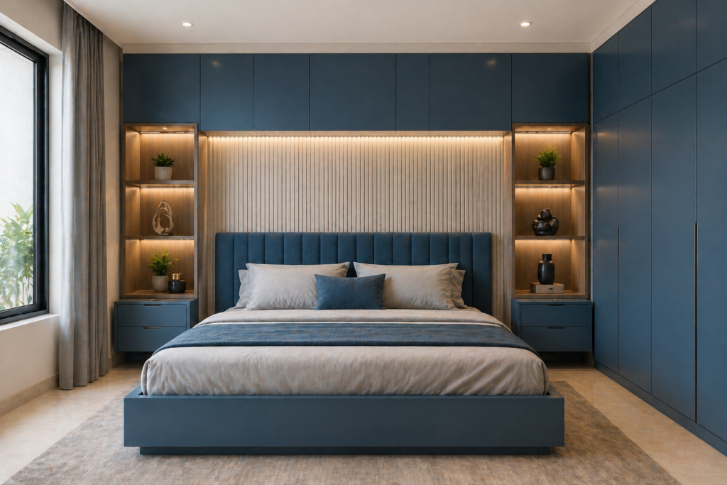 Modern custom bed with electric blue sunmica finish and built-in storage in a contemporary bedroom