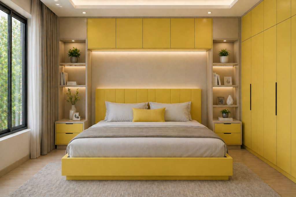 Modern custom bed with lemon yellow sunmica finish and storage in a stylish bedroom