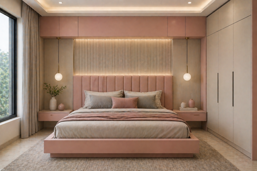 Modern custom bed in soft pink sunmica finish with upholstered headboard in a stylish bedroom