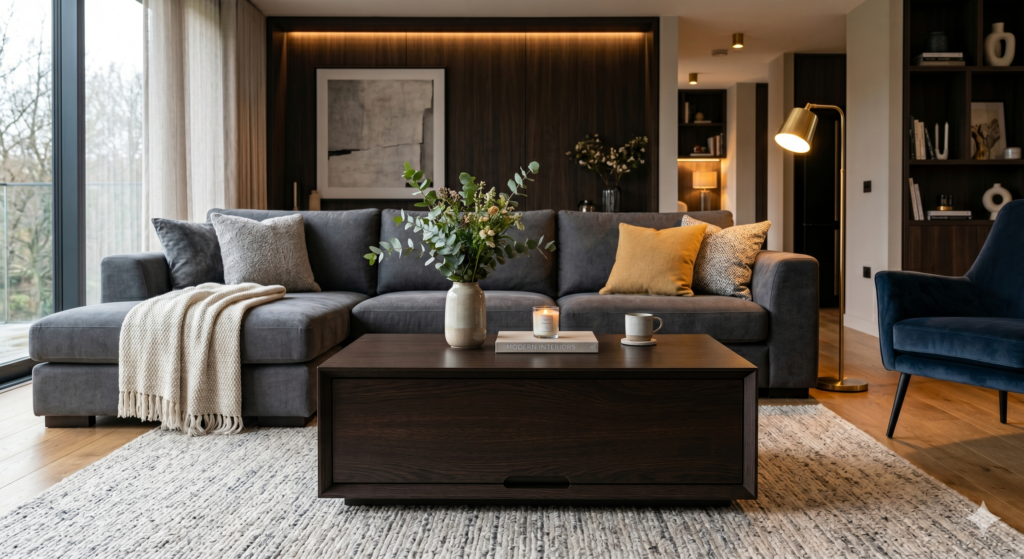 Modern rectangular 3.5 by 2 feet coffee table with a storage drawer and dark wenge finish in a premium living room.