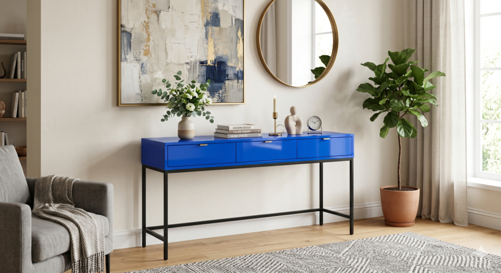 Modern 3.5 by 1.5 feet console table in a vibrant electric blue finish with drawer storage and a black metal frame in a styled living room.