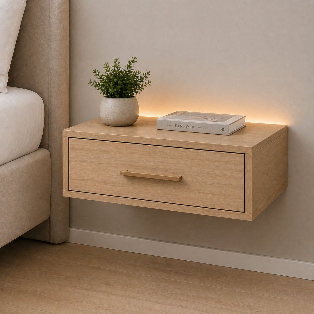 Modern floating bedside table in sunmica sandle wood finish wall mounted minimalist design