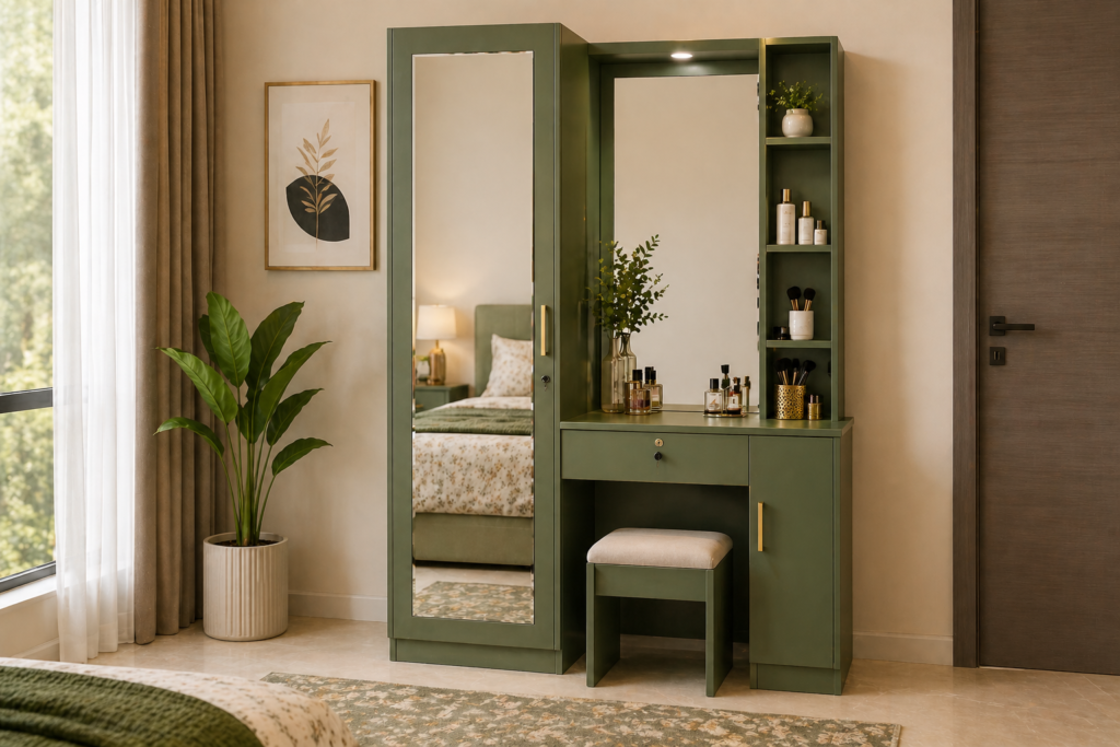 Full mirror dressing table in acacia green finish with storage and compact design