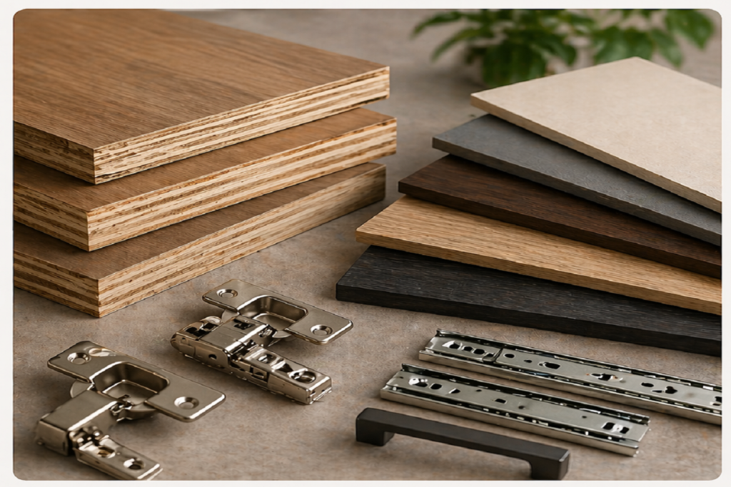 A close-up view of stacked plywood boards next to laminate swatches in neutral colors like beige, wood grain, and grey, resting on a wooden workbench.