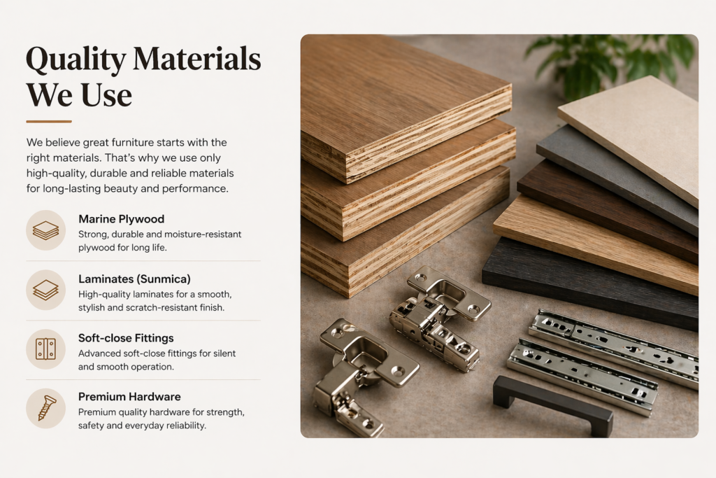 Furniture materials including plywood boards laminate finishes and hardware fittings used in modern furniture