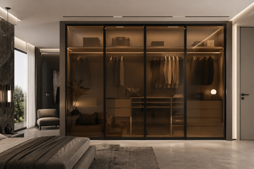 Ultra modern glass luxury sliding wardrobe with bronze glass panels and black frame in stylish bedroom interior