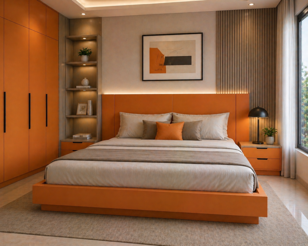 Modern king size bed with orange sunmica finish and stylish bedroom interior