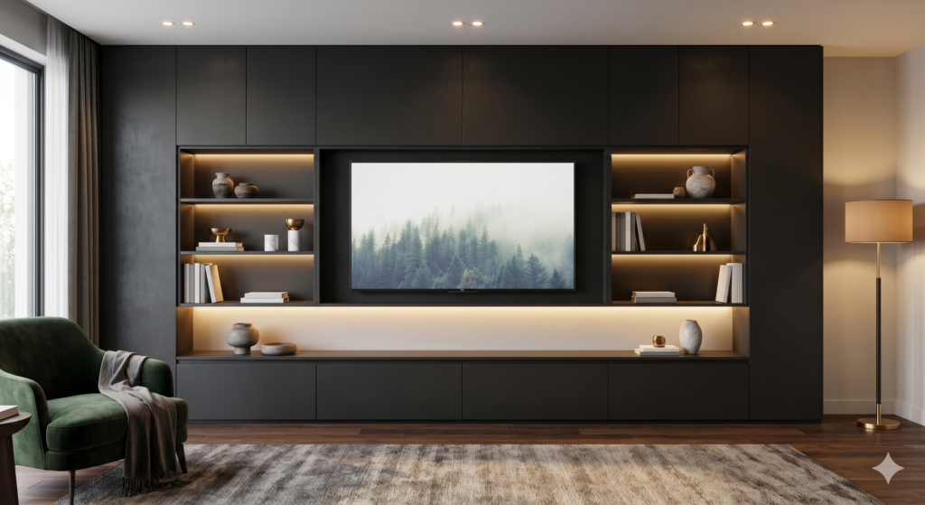 A premium, full-wall built-in entertainment center in charcoal black, featuring a mounted TV, lighted display shelves, and modern cabinets.