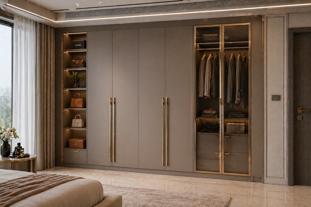 Luxury modern wardrobe in 1001CHR color with glass panels and premium storage design