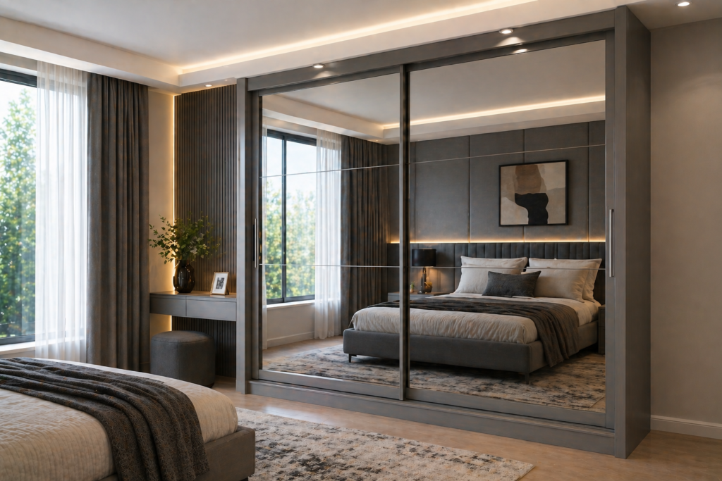 Modern grey mirror sliding wardrobe in stylish contemporary bedroom interior