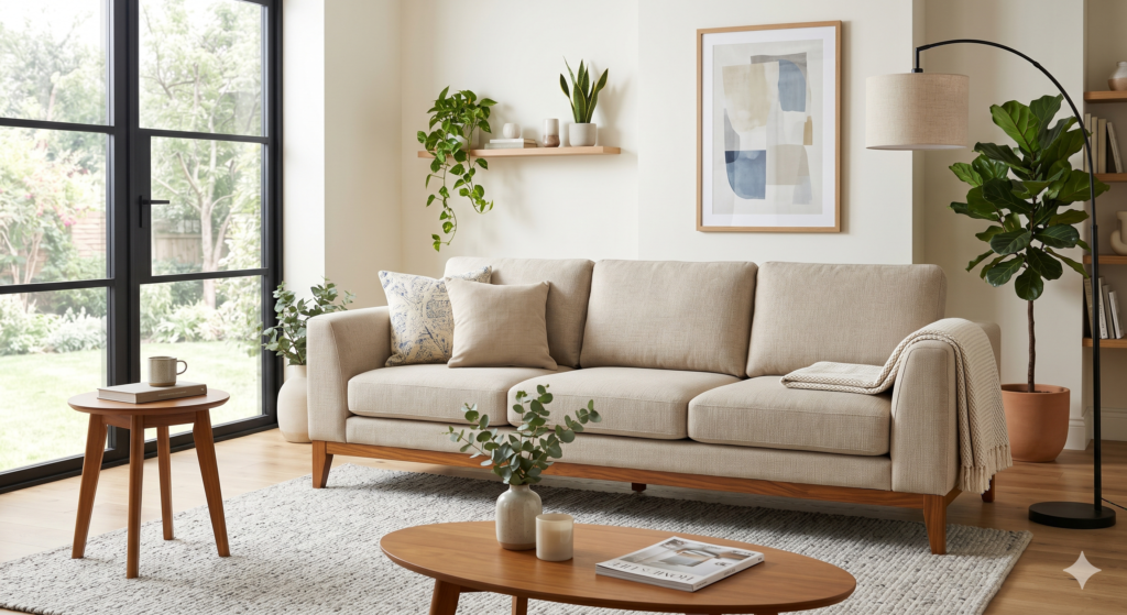 Modern 6-foot 3-seater sofa featuring a teak wood color sunmica base and beige fabric upholstery in a naturally lit, stylish living room.
