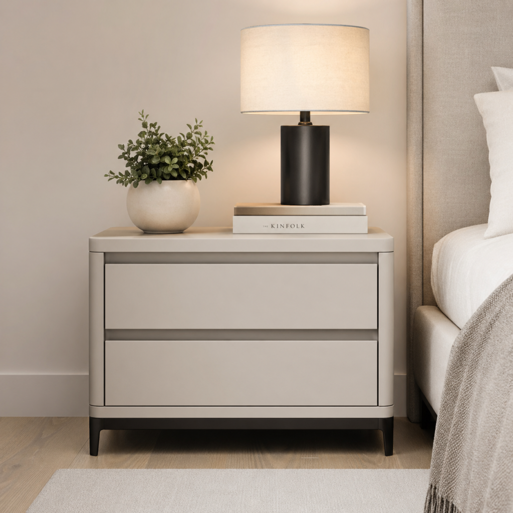 Clean modern bedside table with lamp and plant in minimalist bedroom setup