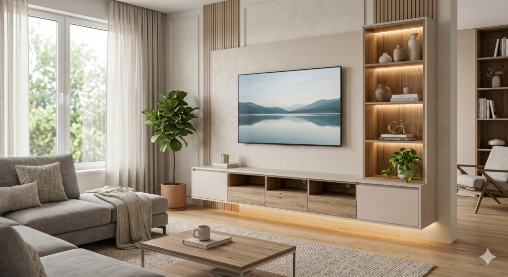A 6-foot wide modern, wall-mounted TV unit in soft beige and wood textures with display shelves and warm LED lighting.