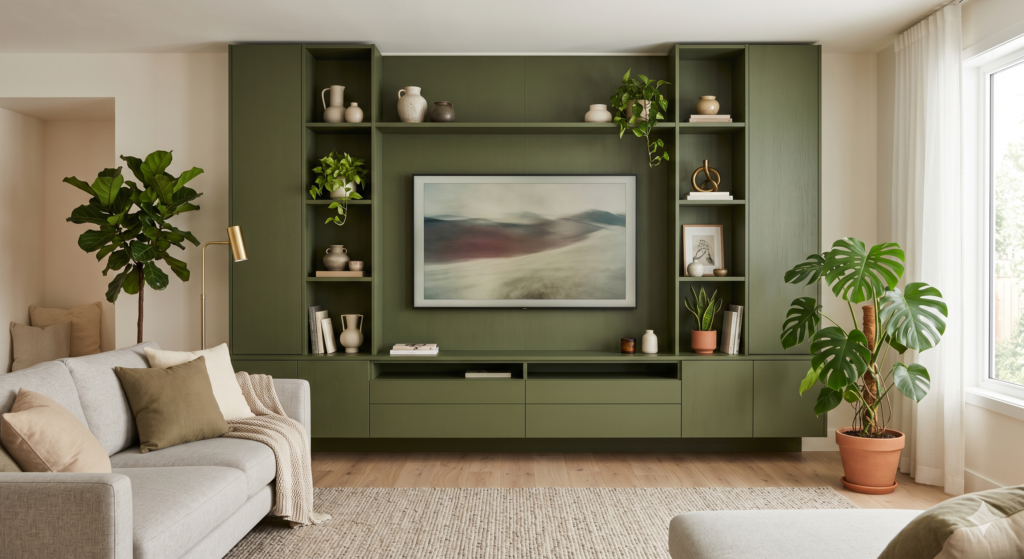 Full-wall built-in matte olive green Sunmica media center with a mounted TV, shelves, storage drawers, and plants in an elegant living room.