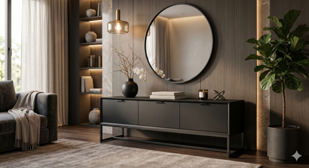 A modern, low-profile black media console/credenza in a luxurious living room. Above it is a large round mirror, a black vase with an white orchid and branches, a stack of books, and a candle. A tall fiddle leaf fig plant stands to the right, and a sofa is to the left, set against dark wood paneling with warm lighting. Highly realistic render.