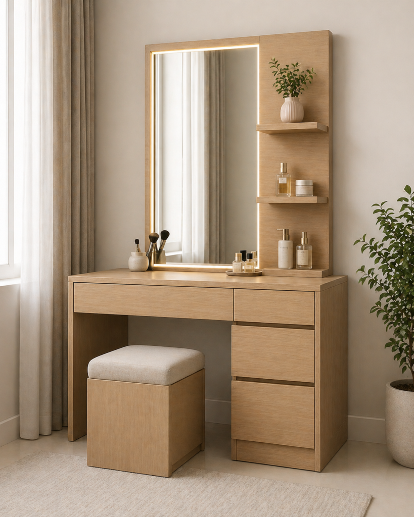 Modern dressing table with LED mirror in sunmica sandle wood finish with drawers and storage